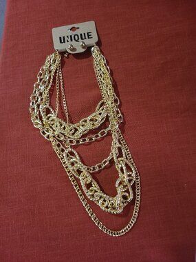 Unique Jewelry Set Necklace and Earrings 5 Strand Multiple Size Gold Link Chain